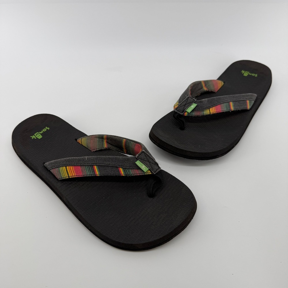 Sanuk Flip Flops Mens 11 Black Multi Striped Yoga Mat Sandals Surfer Boho Hippy